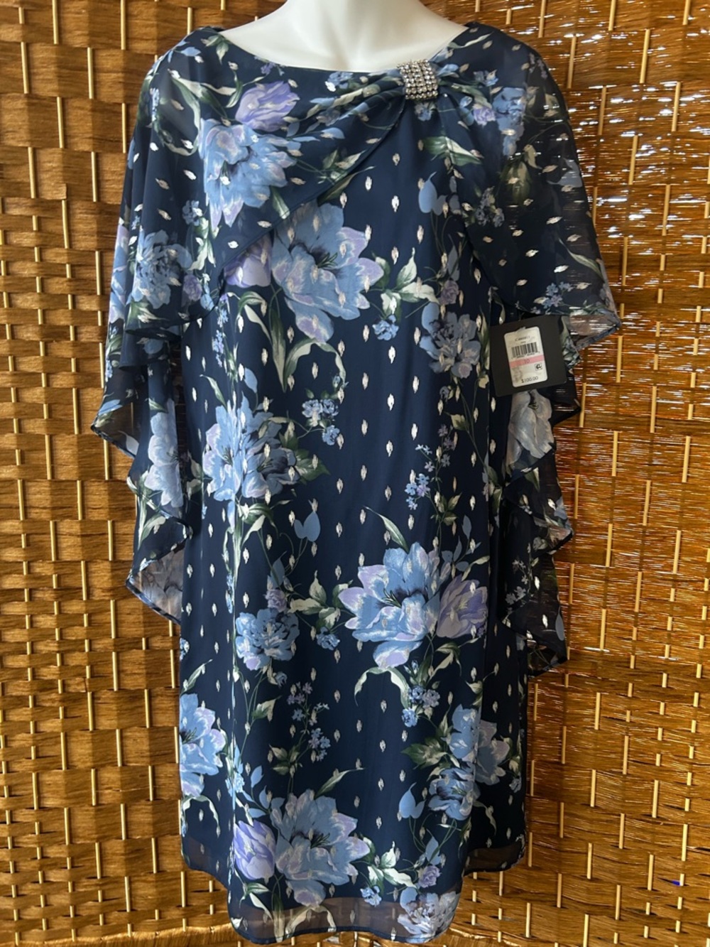 JH Evenings Floral Dress Size 10 Navy Chiffon Scarf Rhinestone Metallic NWT